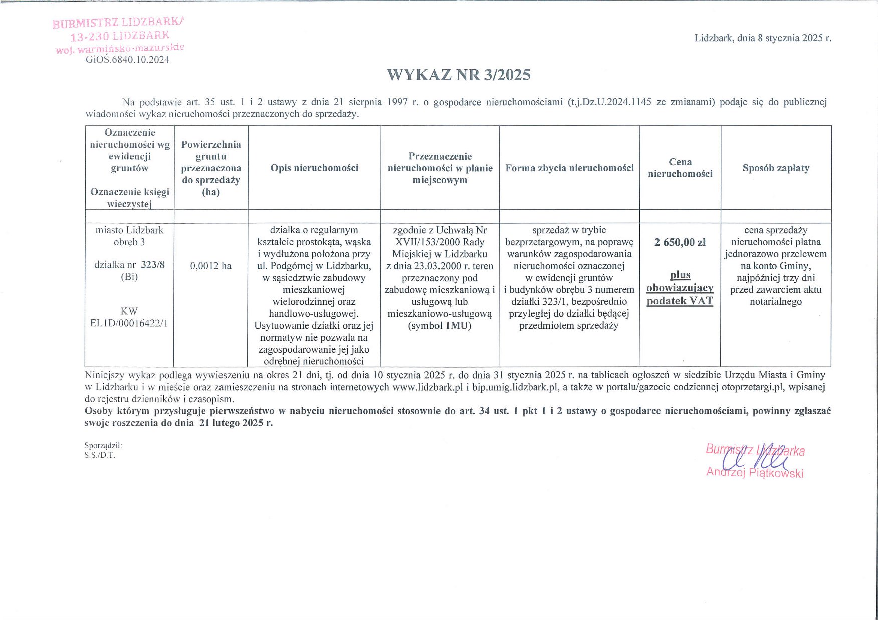 Wykaz Nr 3/2025 - Nieruchomość gruntowa do sprzedaży przy ulicy Podgórnej